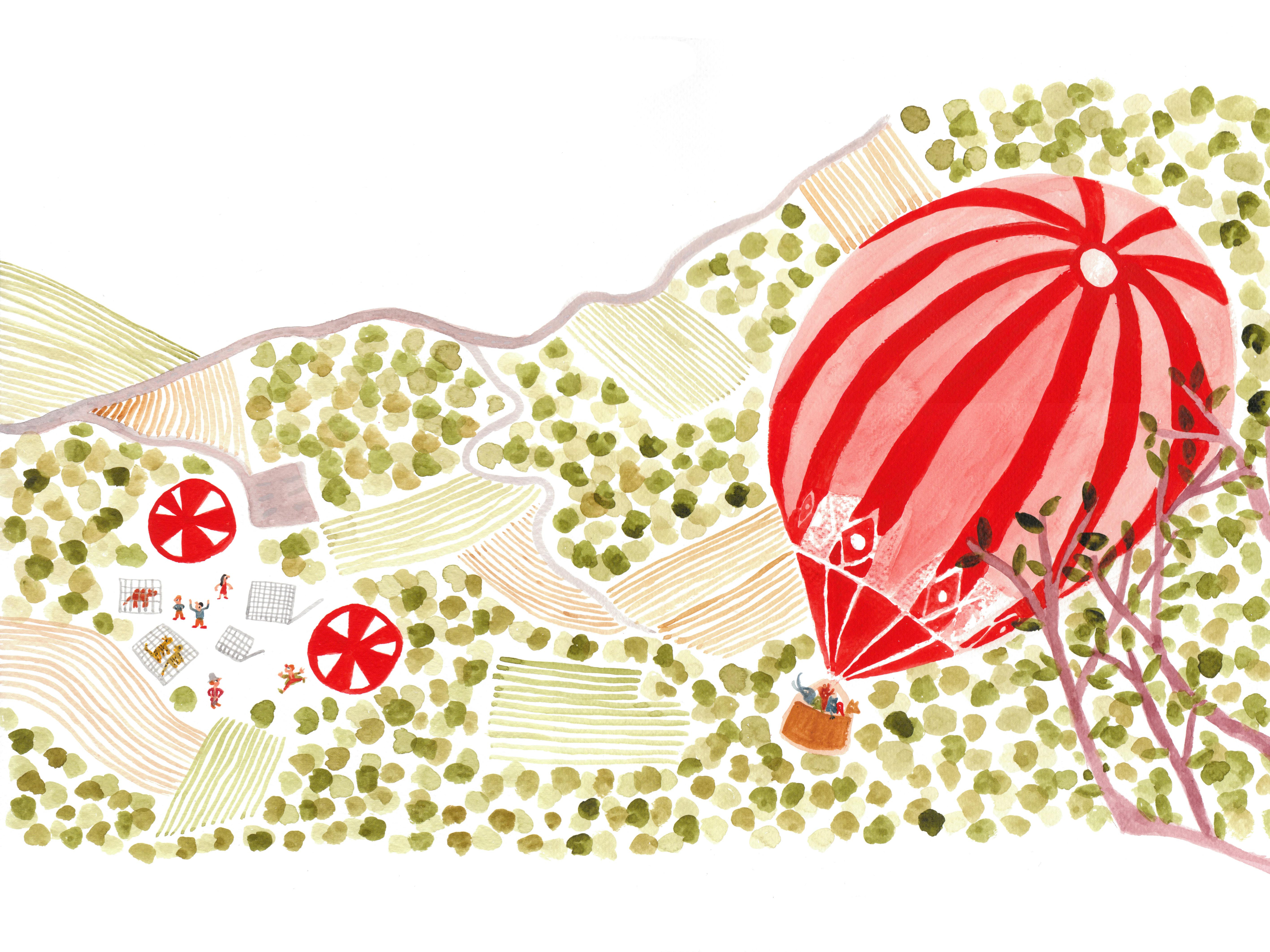 illustration Survol champêtre en montgolfière aux couleurs vives